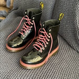 Dr. Martens Glossy Black Boots with Pink Laces